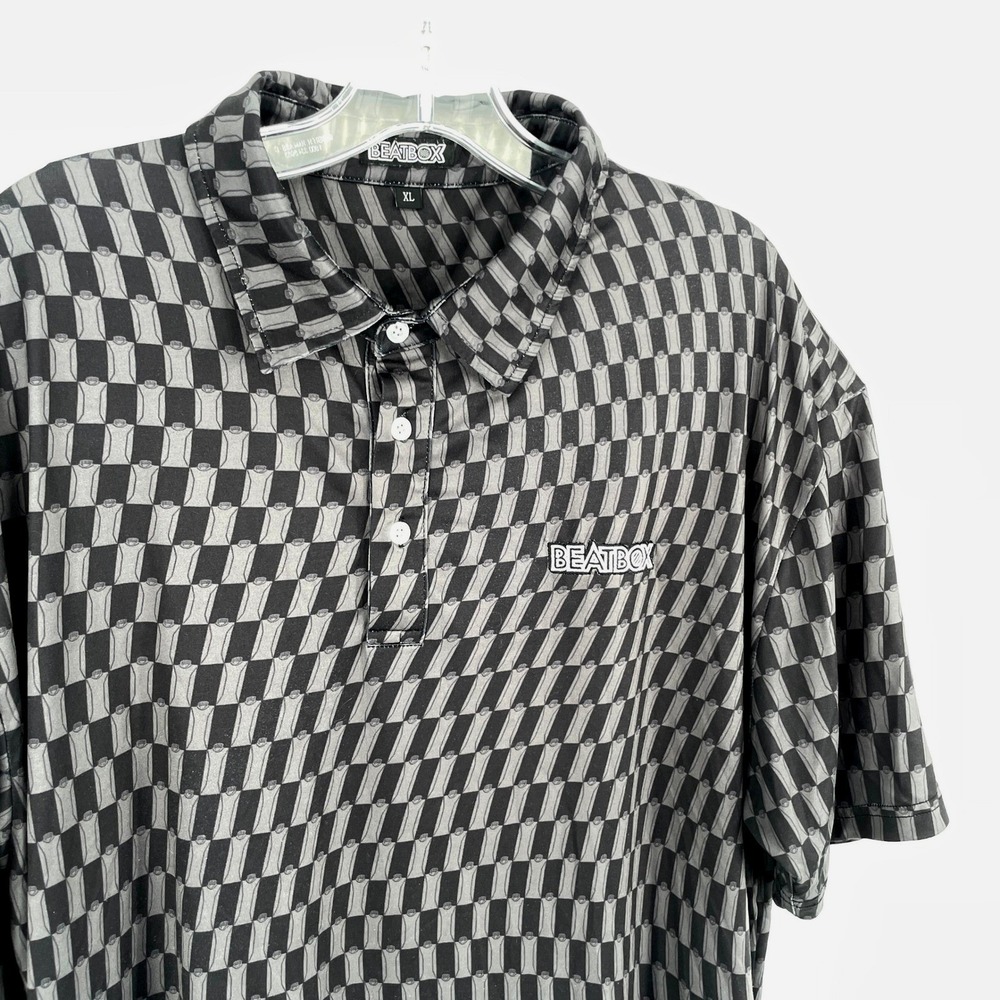 Beatbox Mens XL Gray Black Geometric Graphic Short Sleeve Polo Shirt Beverage